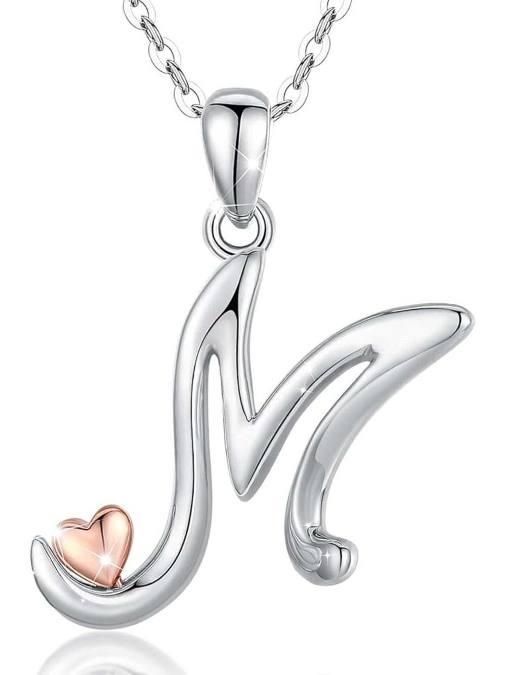 Personalized 925 Sterling Silver Initial Necklace with Rose Gold Heart - 18
